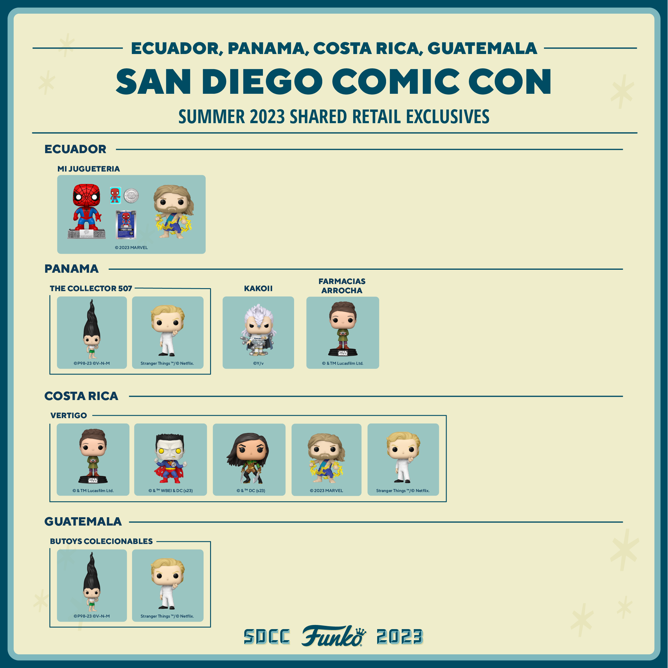 This just in from the Funkoville Visitor's Center, here is the 2023 SDCC Shared Retailer Guide for Ecuador, Panama, Costa Rica, Guatemala!